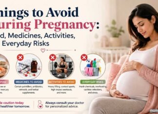 Things to Avoid During Pregnancy: Food, Medicines, Activities, and Everyday Risks Pregnant woman holding her baby bump beside illustrations of foods, medicines, activities, and everyday risks to avoid during pregnancy.