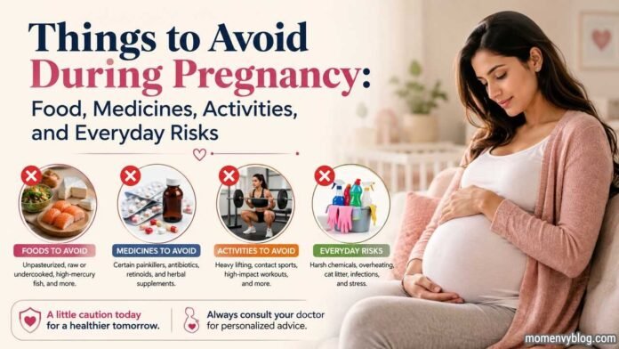 Pregnant woman holding her baby bump beside illustrations of foods, medicines, activities, and everyday risks to avoid during pregnancy.