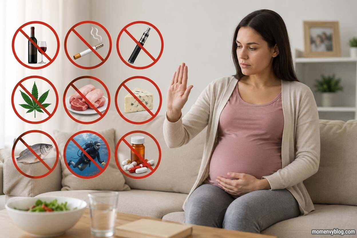 Pregnant woman sitting on a sofa with a protective hand gesture beside visual symbols representing unsafe pregnancy activities, including alcohol, smoking, vaping, recreational drugs, raw foods, high-mercury fish, scuba diving, and unapproved medications, in a bright home setting.