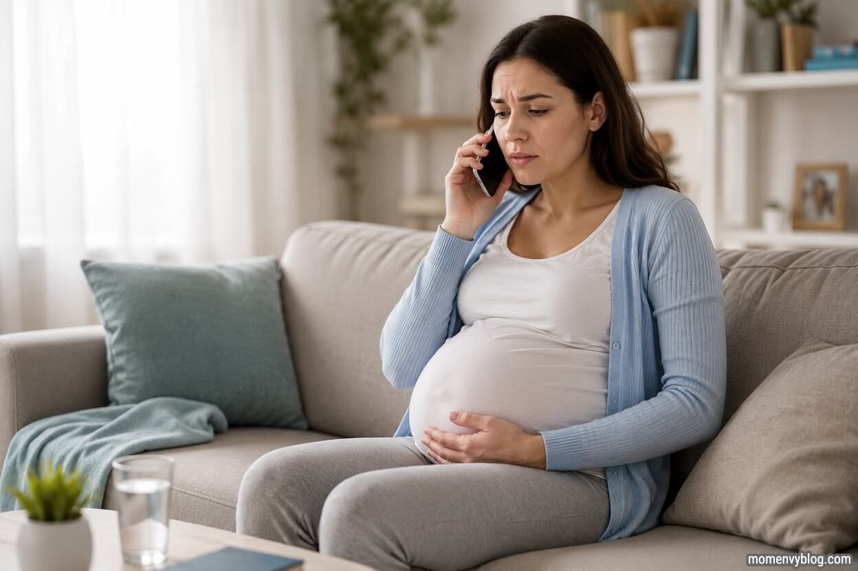 Concerned pregnant woman sitting on a sofa at home while talking on the phone with a doctor or midwife, gently holding her baby bump in a bright and comfortable living room.
