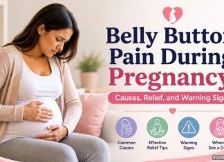 Belly Button Pain During Pregnancy: Causes, Relief, and Warning Signs Pregnant woman holding her belly with discomfort, illustrating belly button pain during pregnancy and its causes, relief options, and warning signs.