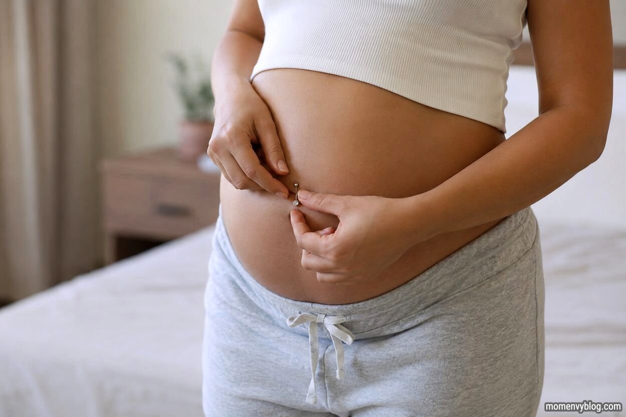 Pregnant woman gently removing her belly button piercing in a softly lit bedroom, illustrating safe navel piercing care during pregnancy.