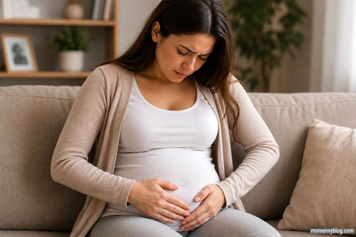Pregnant woman sitting on a sofa while gently holding her belly, illustrating the early onset of belly button pain during pregnancy.