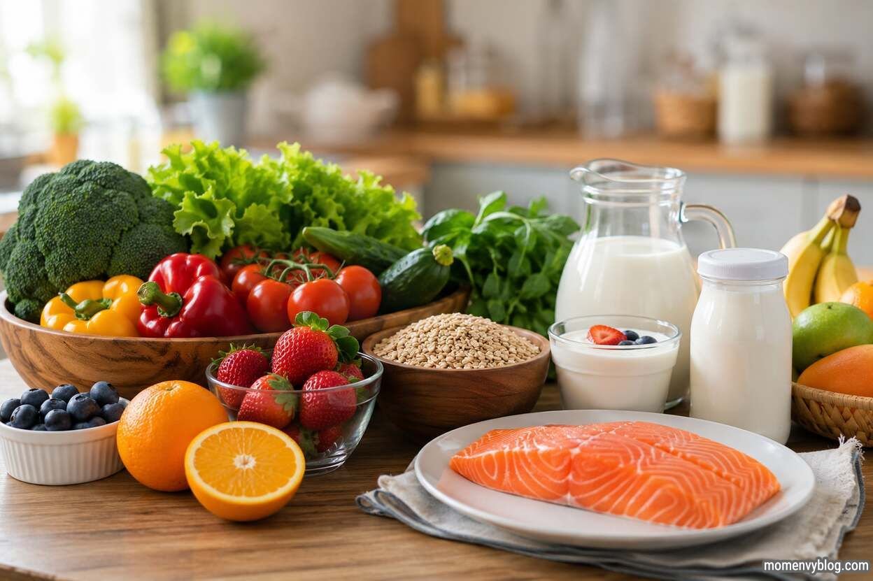 Vegetables, fruits, whole grains, salmon, milk, and yogurt for a healthy pregnancy diet.