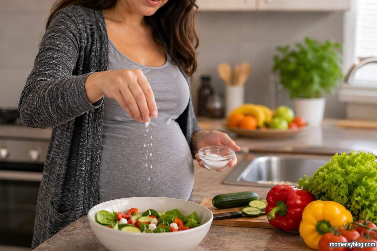 Pregnant woman adding salt to a fresh vegetable salad in the kitchen.