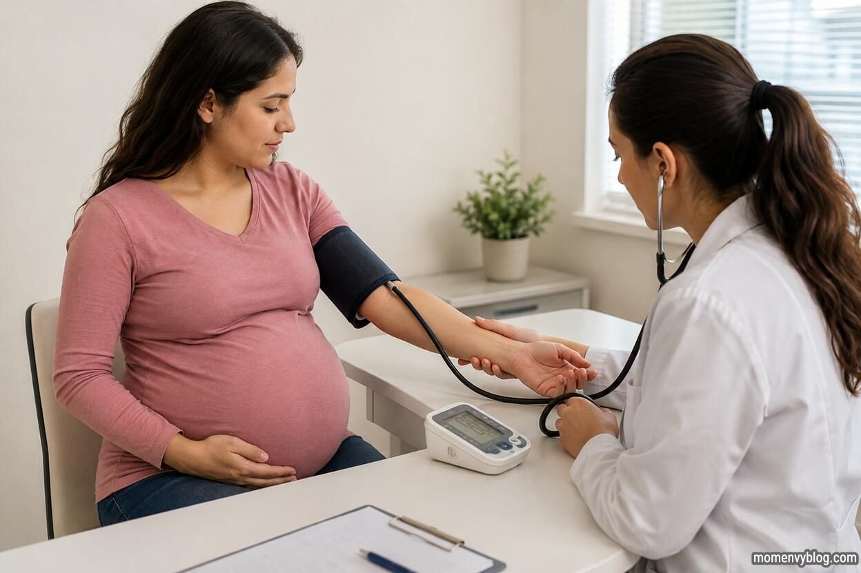 Pregnant woman having her blood pressure checked by a healthcare professional.