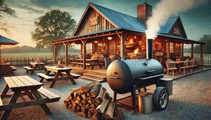 raditional BBQ smoker outside a rustic restaurant in Killen, AL