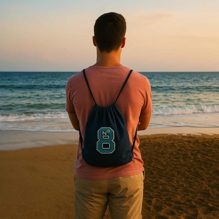 Ways to Boost Your Brand Visibility with Custom Drawstring Bags Man with drawstring backpack watching sunset on the beach.