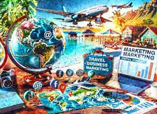 How to Market Your Travel Business: 6 Proven Strategies for Success Travel marketing strategy setup with globe, laptop, social icons, and destination backdrop
