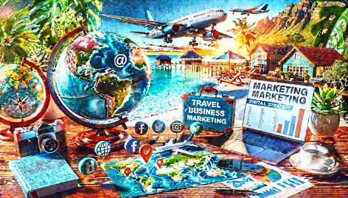 How to Market Your Travel Business Travel marketing strategy setup with globe, laptop, social icons, and destination backdrop