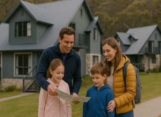 Family-Friendly Stays in Thredbo: The Best Accommodations for Kids & Parents Family exploring outside cozy lodge in Thredbo