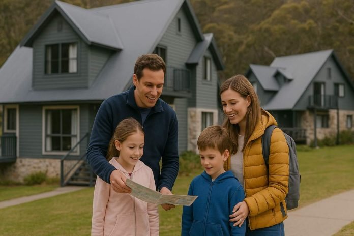 Family-Friendly Stays in Thredbo Family exploring outside cozy lodge in Thredbo