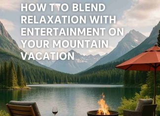 How to Blend Relaxation with Entertainment on Your Mountain Vacation Mountain vacation deck with lounge chairs, fire pit, and lake view.