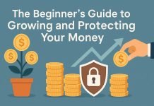 The Beginner’s Guide to Growing and Protecting Your Money Illustration of money growth and protection with coins, plant, and shield.
