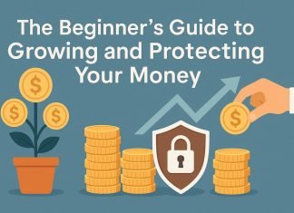 The Beginner’s Guide to Growing and Protecting Your Money Illustration of money growth and protection with coins, plant, and shield.