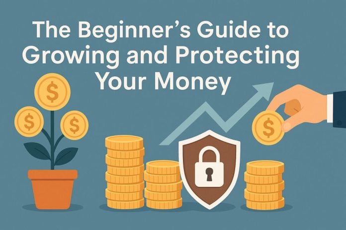 The Beginner’s Guide to Growing and Protecting Your Money Illustration of money growth and protection with coins, plant, and shield.