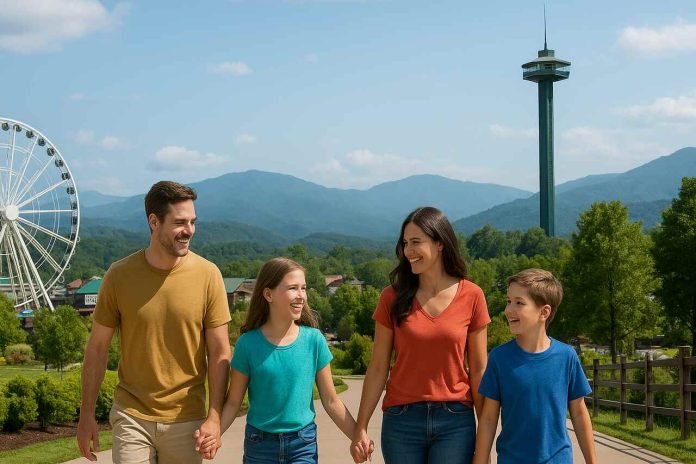 Guide to Planning a Fun-Filled Family Vacation to Pigeon Forge Family walking in Pigeon Forge with mountains and attractions behind them.