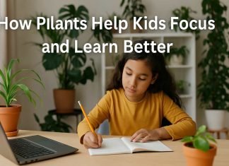 How Plants Help Kids Focus and Learn Better Girl studying at desk with indoor plants nearby for better focus.