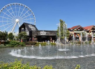 How to Plan the Ultimate Family Vacation The Island in Pigeon Forge featuring a large Ferris wheel, fountains, and storefronts on a sunny day.