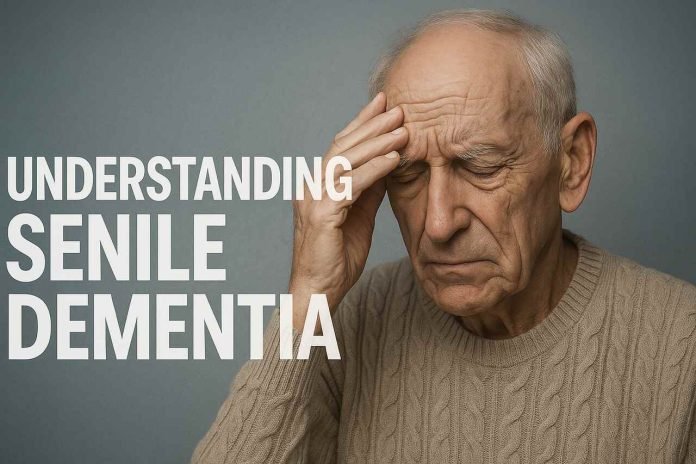 understanding-senile-dementia Elderly man with hand on forehead symbolizing effects of senile dementia.