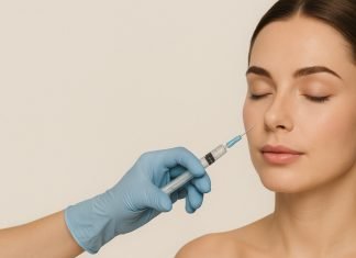 What to Expect From Your First Botox Appointment A woman with closed eyes receives a Botox injection near her eyebrow from a gloved hand holding a syringe.