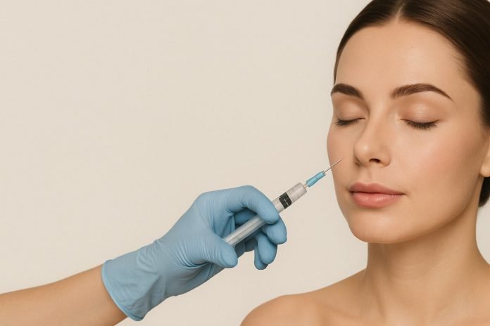 A woman with closed eyes receives a Botox injection near her eyebrow from a gloved hand holding a syringe.