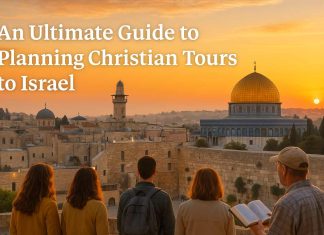 An Ultimate Guide to Planning Christian Tours to Israel Christian tour group exploring holy sites in Jerusalem at sunrise.