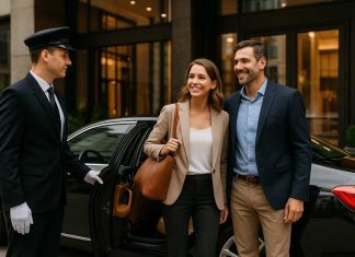 How Hiring a Chauffeur Enhances Your Travel Experience Chauffeur opening car door for travelers at luxury hotel.
