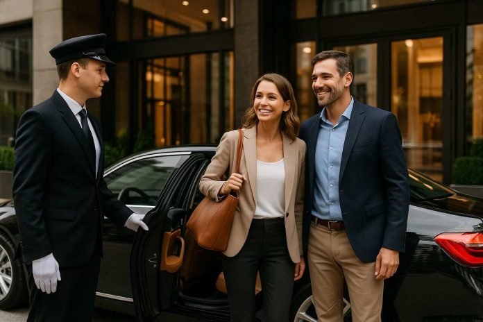 How Hiring a Chauffeur Enhances Your Travel Experience Chauffeur opening car door for travelers at luxury hotel.