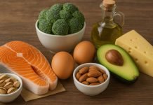 How Ketogenic Foods Influence Your Metabolism Assortment of ketogenic foods like salmon, avocado, and eggs on a wooden surface.