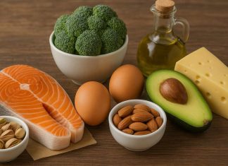 How Ketogenic Foods Influence Your Metabolism Assortment of ketogenic foods like salmon, avocado, and eggs on a wooden surface.