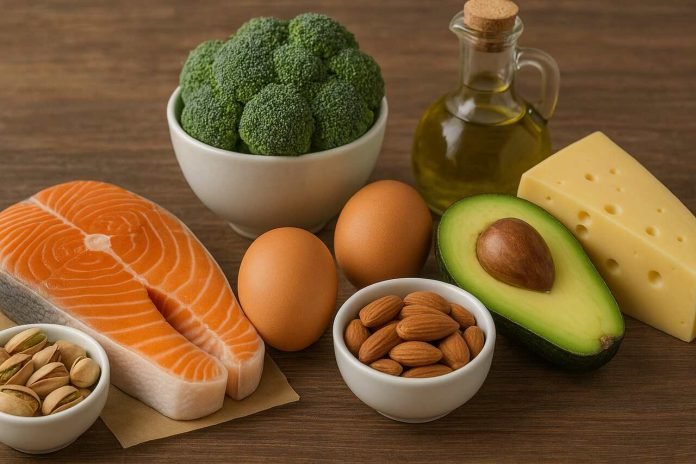 How Ketogenic Foods Influence Your Metabolism Assortment of ketogenic foods like salmon, avocado, and eggs on a wooden surface.