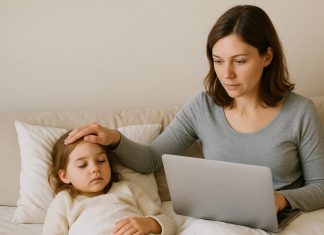 Why More Moms Are Turning to Online Healthcare for Sick Day Solutions Mother using laptop to seek online healthcare while caring for her sick daughter in bed.