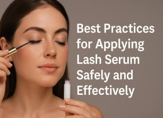 Best Practices for Applying Lash Serum Safely and Effectively Woman applying lash serum to upper lashes with precision.
