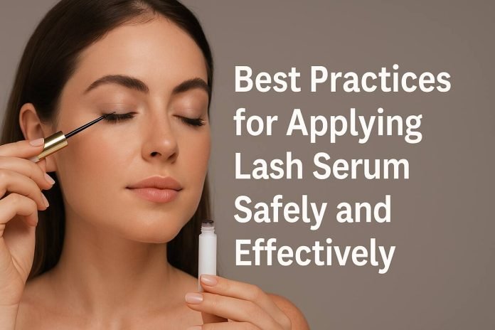 Best Practices for Applying Lash Serum Safely and Effectively Woman applying lash serum to upper lashes with precision.