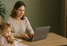 The Best Proposal Software for Moms Running a Business from Home Mom working from home on laptop with toddler in high chair.