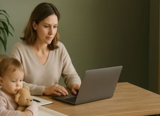 The Best Proposal Software for Moms Running a Business from Home Mom working from home on laptop with toddler in high chair.