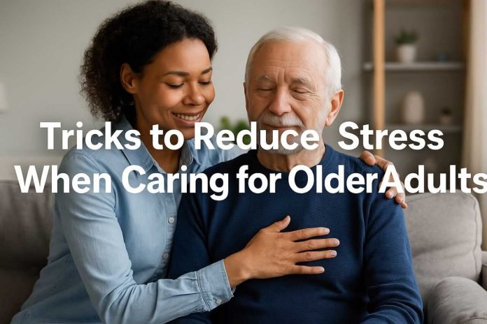 Tricks to Reduce Stress When Caring for Older Caregiver embracing elderly man with warmth and comfort.