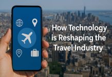 How Technology is Reshaping the Travel Industry Smartphone with travel icons over a city skyline representing tech in the travel industry.