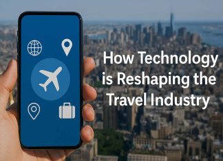 How Technology is Reshaping the Travel Industry Smartphone with travel icons over a city skyline representing tech in the travel industry.