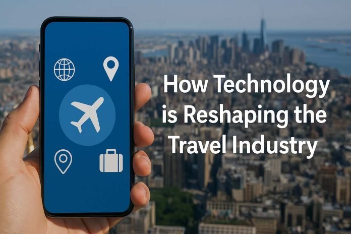 How Technology is Reshaping the Travel Industry Smartphone with travel icons over a city skyline representing tech in the travel industry.