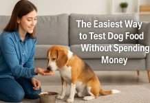 The Easiest Way to Test Dog Food Without Spending Money Woman testing dog food with beagle at home