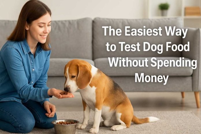 The Easiest Way to Test Dog Food Without Spending Money Woman testing dog food with beagle at home