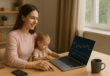 Essential Tools for Moms Entering Online Trading Mom online trading with laptop while toddler plays nearby.
