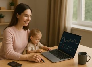 Essential Tools for Moms Entering Online Trading Mom online trading with laptop while toddler plays nearby.