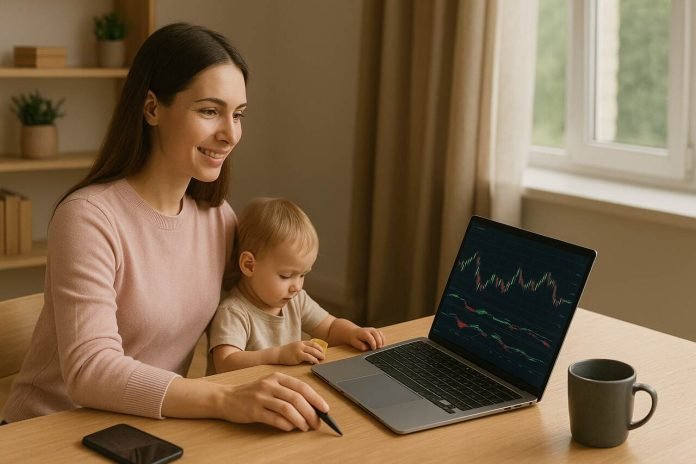 Essential Tools for Moms Entering Online Trading Mom online trading with laptop while toddler plays nearby.