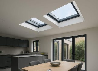 Why Your Pool Shouldn’t Be a Summer-Only Retreat Modern kitchen with open electric rooflights above.