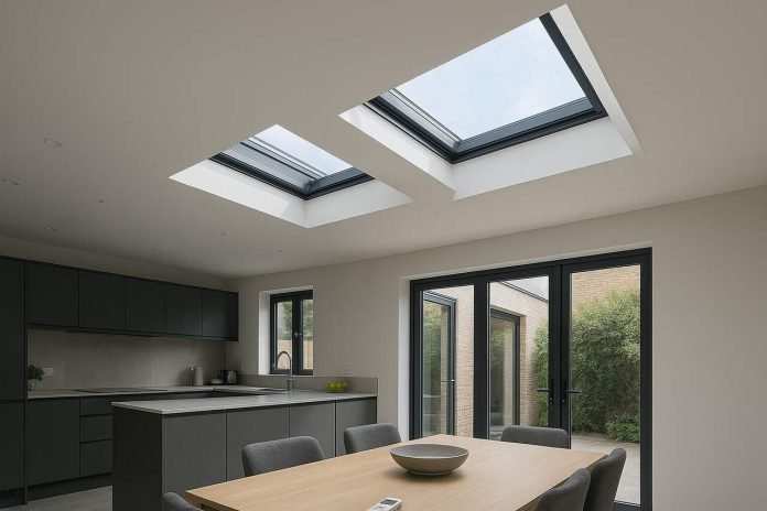 Modern kitchen with open electric rooflights above.