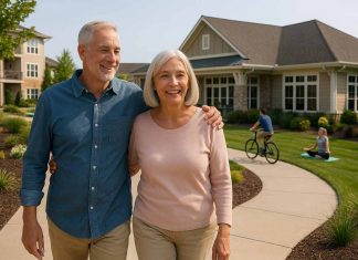 Should You Move Into a Lifestyle Community? Happy senior couple walking through a lifestyle community with others enjoying amenities.