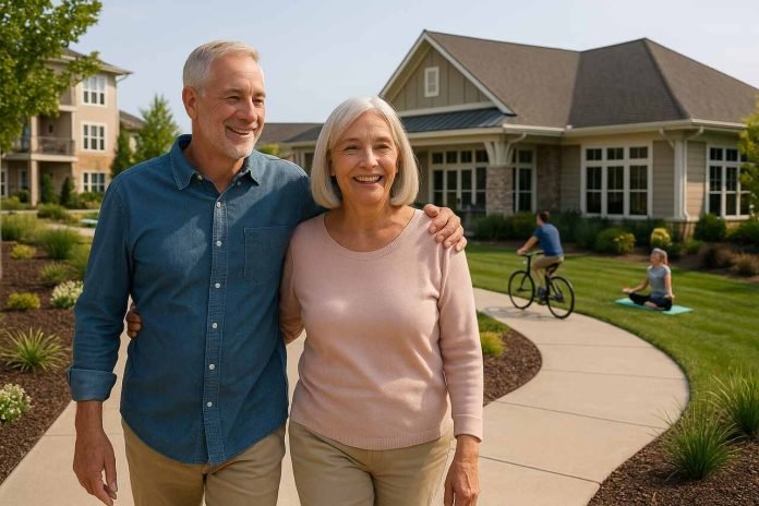 Should You Move Into a Lifestyle Community Happy senior couple walking through a lifestyle community with others enjoying amenities.